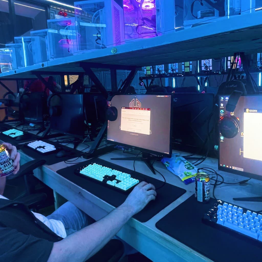 Shaun at a gaming setup with mechanical keyboard and PC